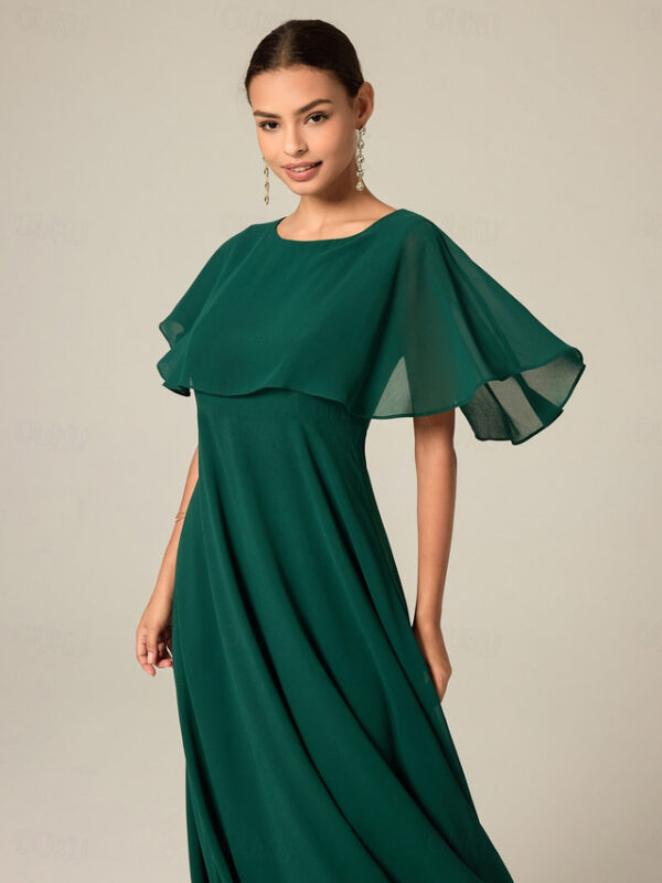 Women's Wedding Guest Cocktail Dress Chiffon Ruffle Elegant Formal Midi A Line Dress Crew Neck Short Sleeve Flared Sleeve Dark Green Color 2025 - US