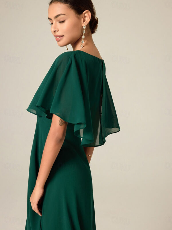 Women's Wedding Guest Cocktail Dress Chiffon Ruffle Elegant Formal Midi A Line Dress Crew Neck Short Sleeve Flared Sleeve Dark Green Color 2025 - US