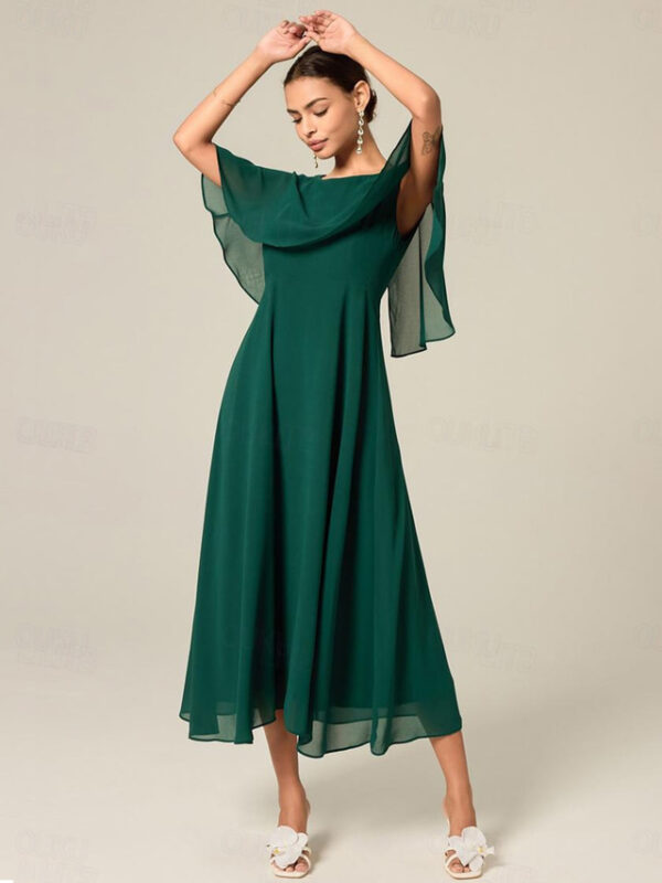 Women's Wedding Guest Cocktail Dress Chiffon Ruffle Elegant Formal Midi A Line Dress Crew Neck Short Sleeve Flared Sleeve Dark Green Color 2025 - US