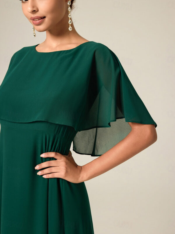 Women's Wedding Guest Cocktail Dress Chiffon Ruffle Elegant Formal Midi A Line Dress Crew Neck Short Sleeve Flared Sleeve Dark Green Color 2025 - US