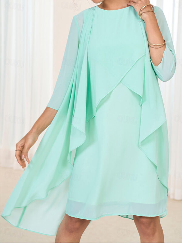 Women's Wedding Guest Cocktail Dress Chiffon Tiered Elegant Formal Layered Midi Dress Crew Neck Long Sleeve Pink Green Color 2025 - US $44.99