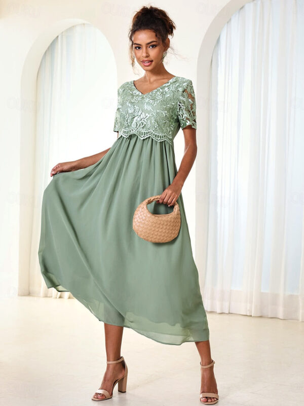 Women's Wedding Guest Cocktail Dress Maxi Dress Contrast Lace Party Elegant Formal V Neck Short Sleeve Pink Green Gray Color 2025 - US $43.99