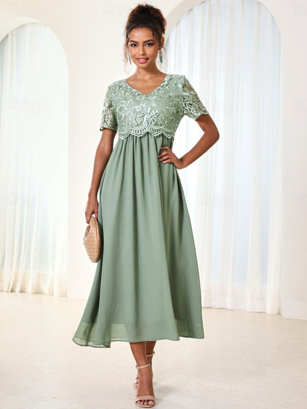 Women's Wedding Guest Cocktail Dress Maxi Dress Contrast Lace Party Elegant Formal V Neck Short Sleeve Pink Green Gray Color 2025 - US $43.99