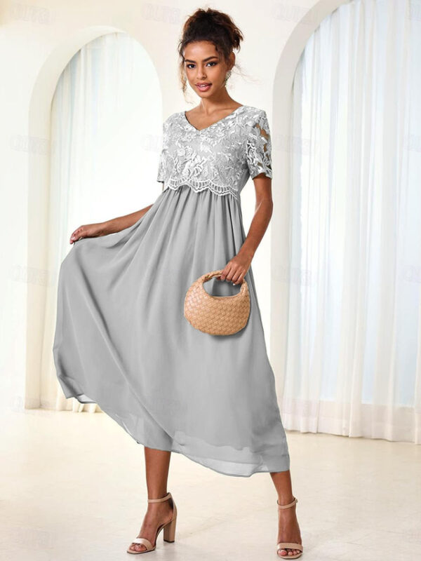 Women's Wedding Guest Cocktail Dress Maxi Dress Contrast Lace Party Elegant Formal V Neck Short Sleeve Pink Green Gray Color 2025 - US $43.99