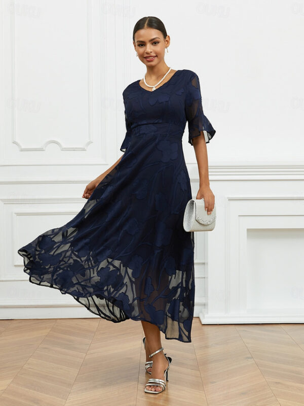 Women's Wedding Guest Cocktail Dress Maxi Dress Lace Ruffle Party Elegant Formal V Neck Half Sleeve Flutter Sleeve Dark Blue Color 2025 - US $45.99