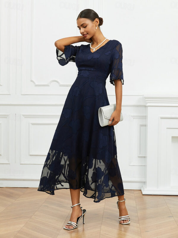 Women's Wedding Guest Cocktail Dress Maxi Dress Lace Ruffle Party Elegant Formal V Neck Half Sleeve Flutter Sleeve Dark Blue Color 2025 - US $45.99