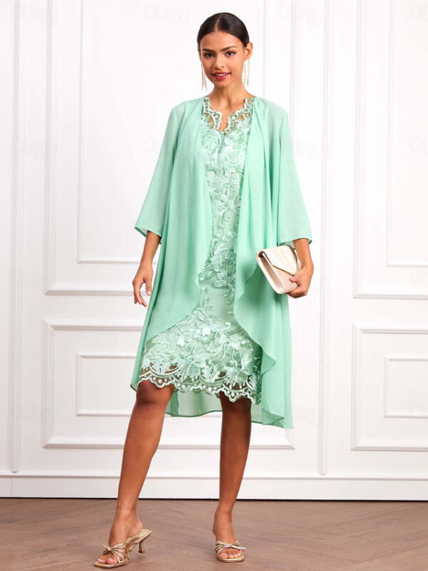 Women's Wedding Guest Cocktail Dress Set Chiffon Lace V Neck 3/4 Length Sleeve Mini Dress Party Elegant Formal Light Green Summer Spring 2025 - US $51