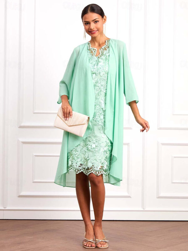 Women's Wedding Guest Cocktail Dress Set Chiffon Lace V Neck 3/4 Length Sleeve Mini Dress Party Elegant Formal Light Green Summer Spring 2025 - US $51