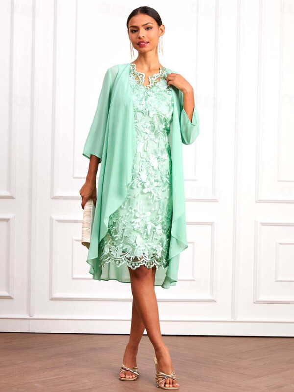 Women's Wedding Guest Cocktail Dress Set Chiffon Lace V Neck 3/4 Length Sleeve Mini Dress Party Elegant Formal Light Green Summer Spring 2025 - US $51