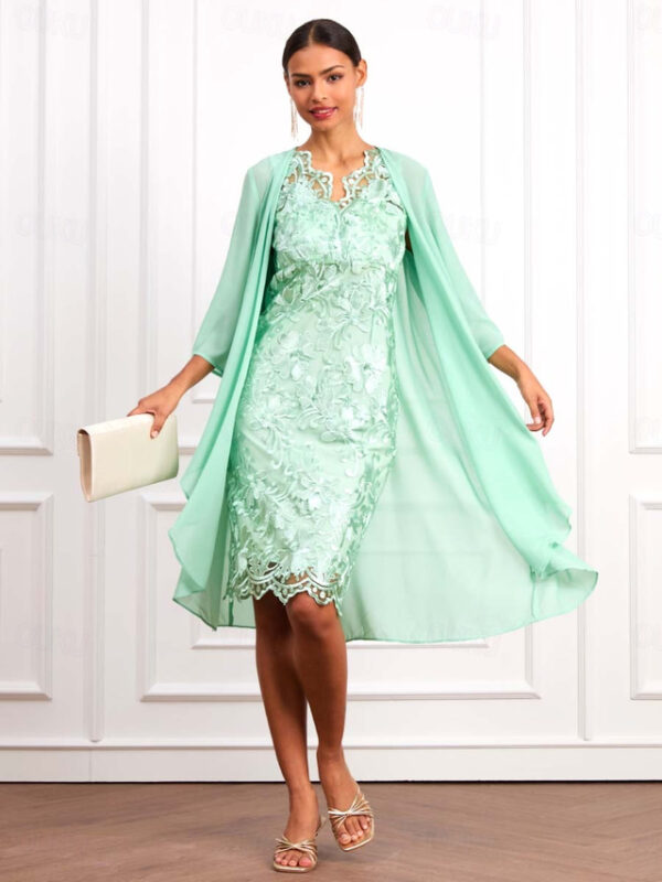 Women's Wedding Guest Cocktail Dress Set Chiffon Lace V Neck 3/4 Length Sleeve Mini Dress Party Elegant Formal Light Green Summer Spring 2025 - US $51