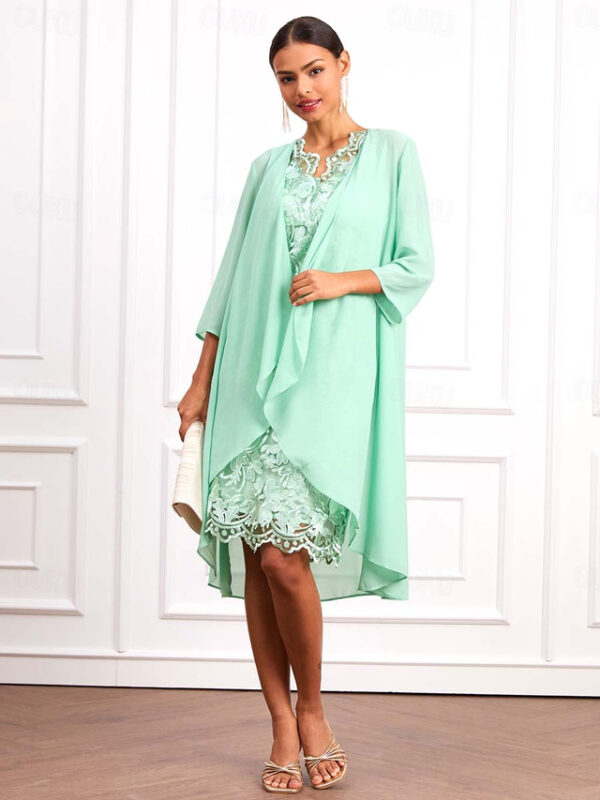 Women's Wedding Guest Cocktail Dress Set Chiffon Lace V Neck 3/4 Length Sleeve Mini Dress Party Elegant Formal Light Green Summer Spring 2025 - US $51