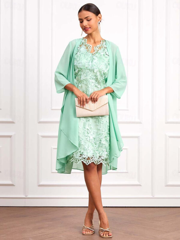 Women's Wedding Guest Cocktail Dress Set Chiffon Lace V Neck 3/4 Length Sleeve Mini Dress Party Elegant Formal Light Green Summer Spring 2025 - US $51