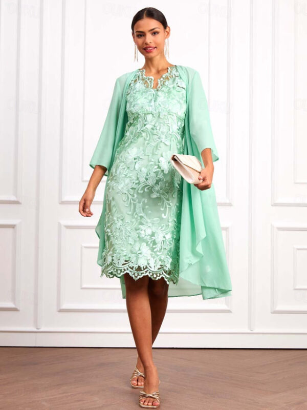 Women's Wedding Guest Cocktail Dress Set Chiffon Lace V Neck 3/4 Length Sleeve Mini Dress Party Elegant Formal Light Green Summer Spring 2025 - US $51