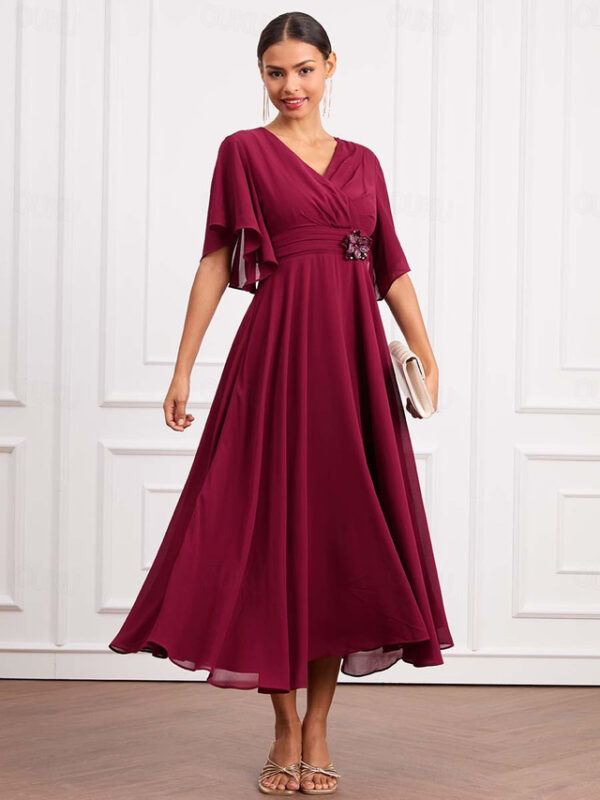 Women's Wedding Guest Cocktail Dress Wrap Dress Chiffon Ruffle V Neck Short Sleeve Maxi Dress Party Elegant Formal Wine Summer 2025 - US $52.99