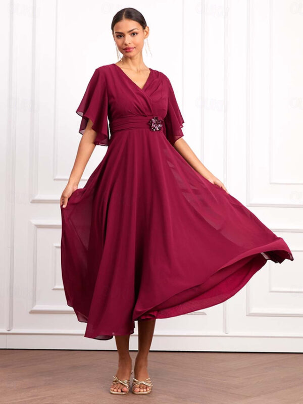 Women's Wedding Guest Cocktail Dress Wrap Dress Chiffon Ruffle V Neck Short Sleeve Maxi Dress Party Elegant Formal Wine Summer 2025 - US $52.99