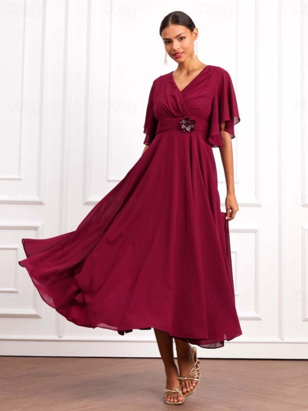 Women's Wedding Guest Cocktail Dress Wrap Dress Chiffon Ruffle V Neck Short Sleeve Maxi Dress Party Elegant Formal Wine Summer 2025 - US $52.99