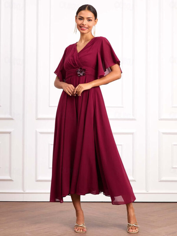 Women's Wedding Guest Cocktail Dress Wrap Dress Chiffon Ruffle V Neck Short Sleeve Maxi Dress Party Elegant Formal Wine Summer 2025 - US $52.99