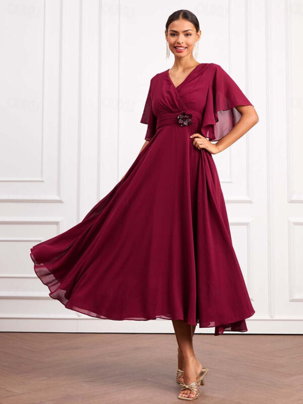 Women's Wedding Guest Cocktail Dress Wrap Dress Chiffon Ruffle V Neck Short Sleeve Maxi Dress Party Elegant Formal Wine Summer 2025 - US $52.99