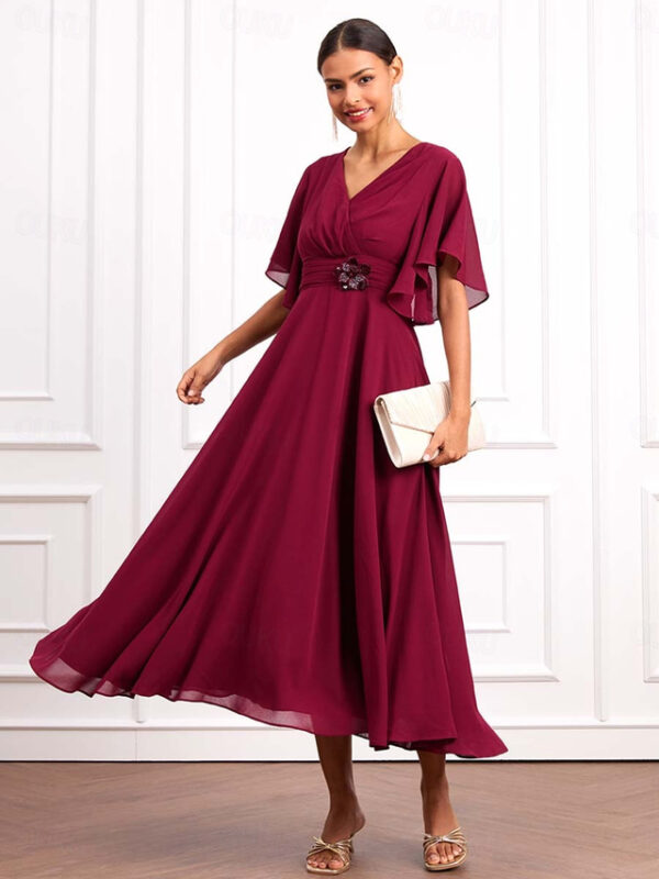 Women's Wedding Guest Cocktail Dress Wrap Dress Chiffon Ruffle V Neck Short Sleeve Maxi Dress Party Elegant Formal Wine Summer 2025 - US $52.99