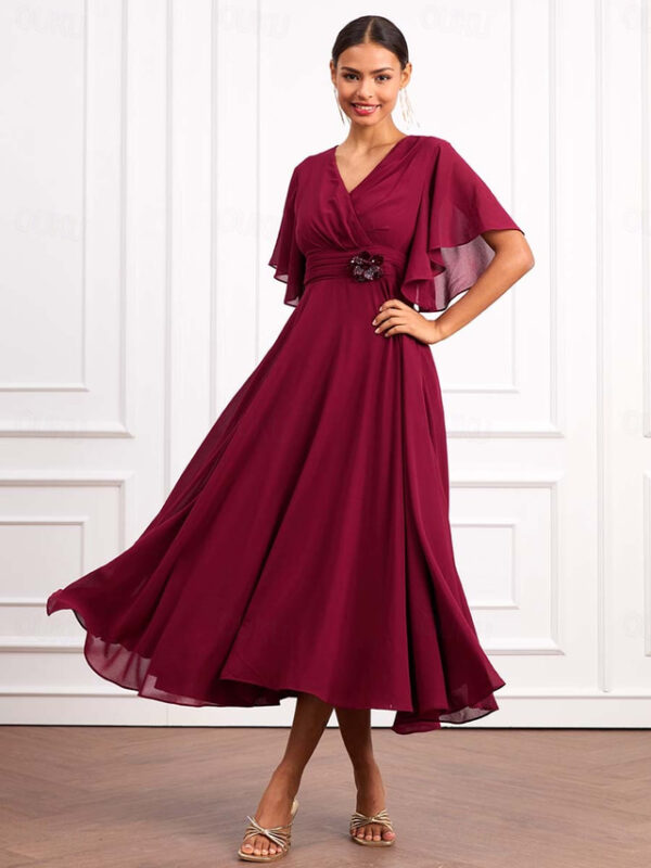 Women's Wedding Guest Cocktail Dress Wrap Dress Chiffon Ruffle V Neck Short Sleeve Maxi Dress Party Elegant Formal Wine Summer 2025 - US $52.99