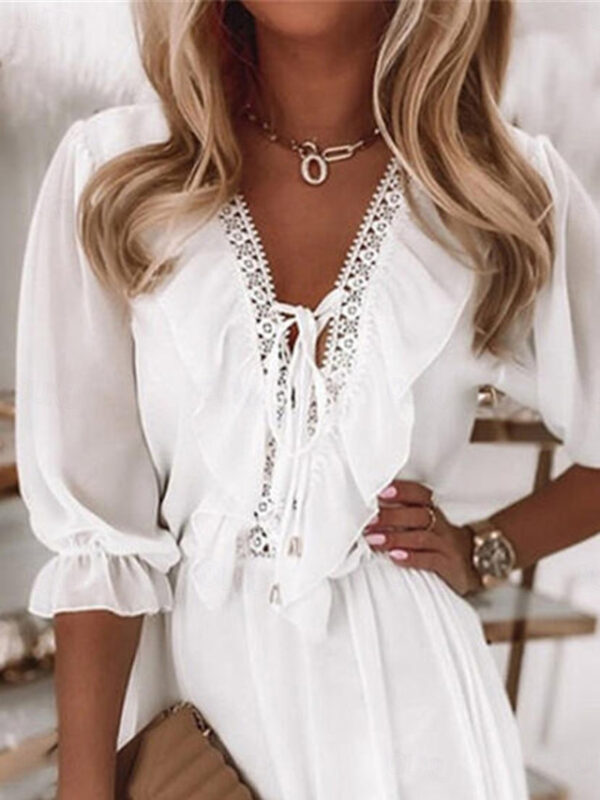 Women's White Dress Mini Dress Chiffon Lace up Ruffle Date Vacation Streetwear V Neck Half Sleeve White Color 2025 - US $31.99