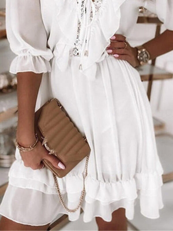 Women's White Dress Mini Dress Chiffon Lace up Ruffle Date Vacation Streetwear V Neck Half Sleeve White Color 2025 - US $31.99