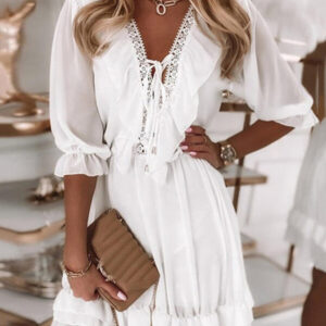 Women's White Dress Mini Dress Chiffon Lace up Ruffle Date Vacation Streetwear V Neck Half Sleeve White Color 2025 - US $31.99