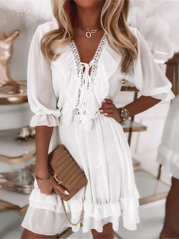 Women's White Dress Mini Dress Chiffon Lace up Ruffle Date Vacation Streetwear V Neck Half Sleeve White Color 2025 - US $31.99