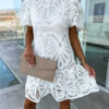 Women's White Dress Mini Dress Lace with Sleeve Vacation Elegant Stand Collar Short Sleeve White Purple Fuchsia Color 2025 - US $39.99