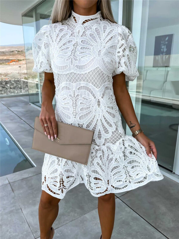 Women's White Dress Mini Dress Lace with Sleeve Vacation Elegant Stand Collar Short Sleeve White Purple Fuchsia Color 2025 - US $39.99