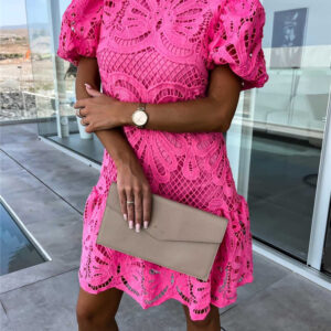 Women's White Dress Mini Dress Lace with Sleeve Vacation Elegant Stand Collar Short Sleeve White Purple Fuchsia Color 2025 - US $39.99