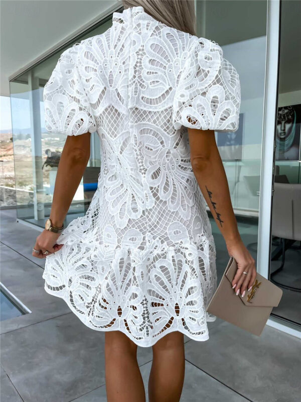 Women's White Dress Mini Dress Lace with Sleeve Vacation Elegant Stand Collar Short Sleeve White Purple Fuchsia Color 2025 - US $39.99