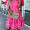 Women's White Dress Mini Dress Lace with Sleeve Vacation Elegant Stand Collar Short Sleeve White Purple Fuchsia Color 2025 - US $39.99