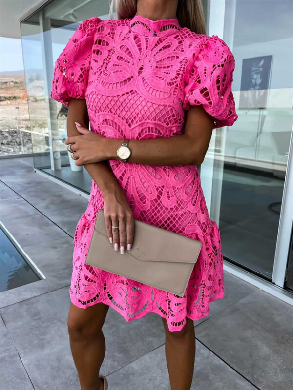 Women's White Dress Mini Dress Lace with Sleeve Vacation Elegant Stand Collar Short Sleeve White Purple Fuchsia Color 2025 - US $39.99