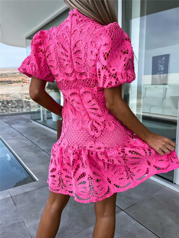 Women's White Dress Mini Dress Lace with Sleeve Vacation Elegant Stand Collar Short Sleeve White Purple Fuchsia Color 2025 - US $39.99