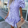 Women's White Dress Mini Dress Lace with Sleeve Vacation Elegant Stand Collar Short Sleeve White Purple Fuchsia Color 2025 - US $39.99